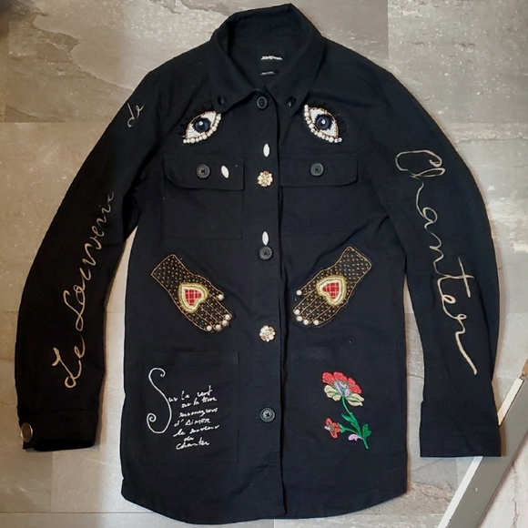 Desigual Black Embellished Black Jacket. Print, Beads, Sequins, Embroidery. M. - Picture 3 of 16